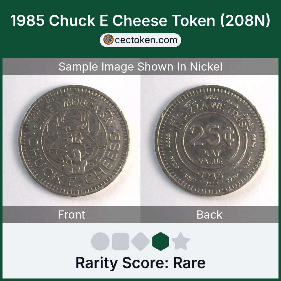 Chuck E. Cheese 208N 1985 Chuck E Cheese Token (208N) — sample listing image