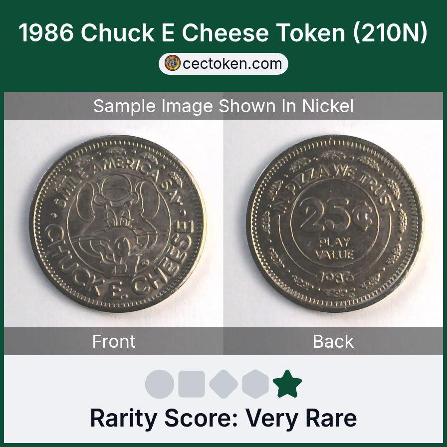 Chuck E. Cheese 210N 1986 Chuck E Cheese Token (210N) — sample listing image