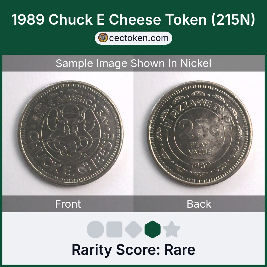 Chuck E. Cheese 215N 1989 Chuck E Cheese Token (215N) — sample listing image