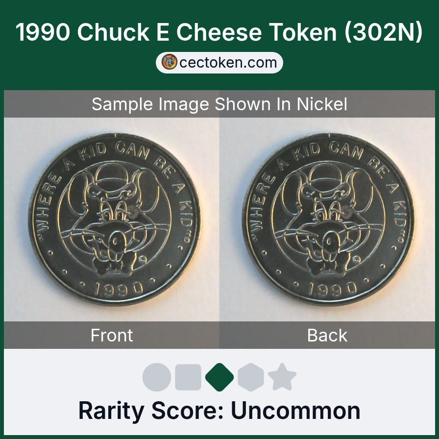 Chuck E. Cheese 302N 1990 Chuck E Cheese Token (302N) — sample listing image
