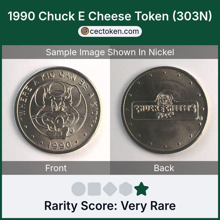 Chuck E. Cheese 303N 1990 Chuck E Cheese Token (303N) — sample listing image