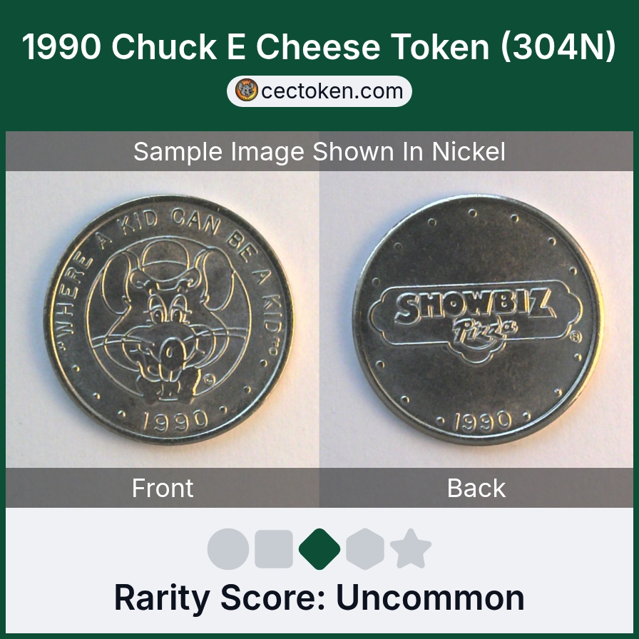 Chuck E. Cheese 304N 1990 Chuck E Cheese Token (304N) — sample listing image