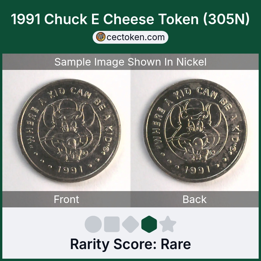 Chuck E. Cheese 305N 1991 Chuck E Cheese Token (305N) — sample listing image