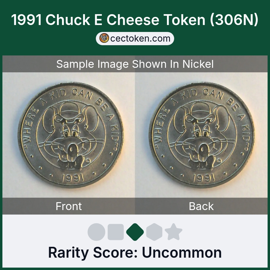 Chuck E. Cheese 306N 1991 Chuck E Cheese Token (306N) — sample listing image