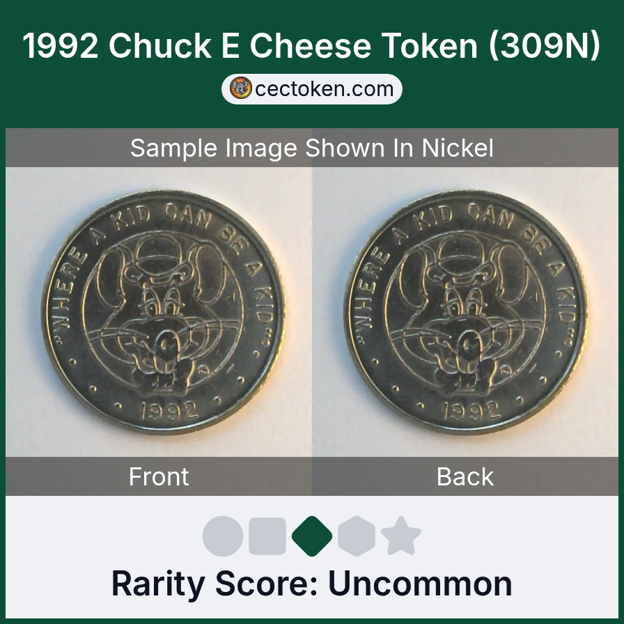 Chuck E. Cheese 309N 1992 Chuck E Cheese Token (309N) — sample listing image