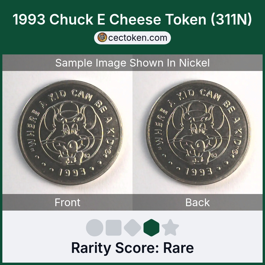 Chuck E. Cheese 311N 1993 Chuck E Cheese Token (311N) — sample listing image