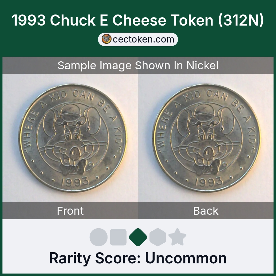 Chuck E. Cheese 312N 1993 Chuck E Cheese Token (312N) — sample listing image