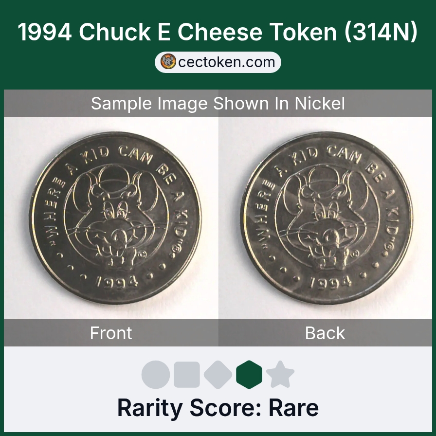 Chuck E. Cheese 314N 1994 Chuck E Cheese Token (314N) — sample listing image