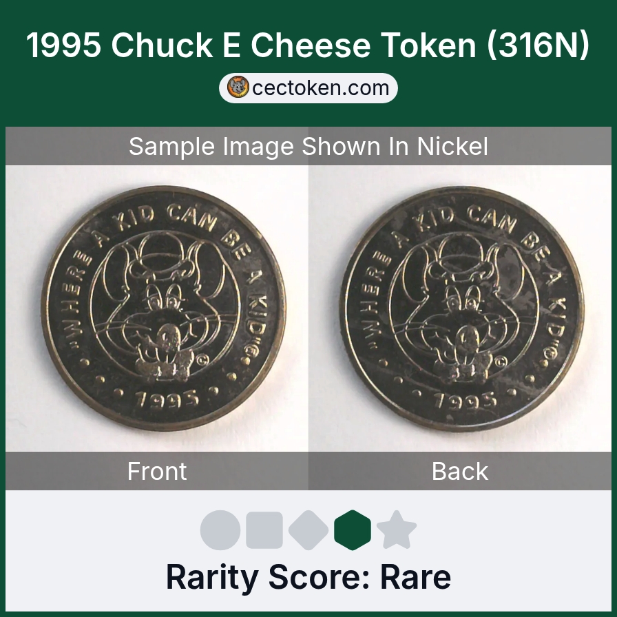 Chuck E. Cheese 316N 1995 Chuck E Cheese Token (316N) — sample listing image