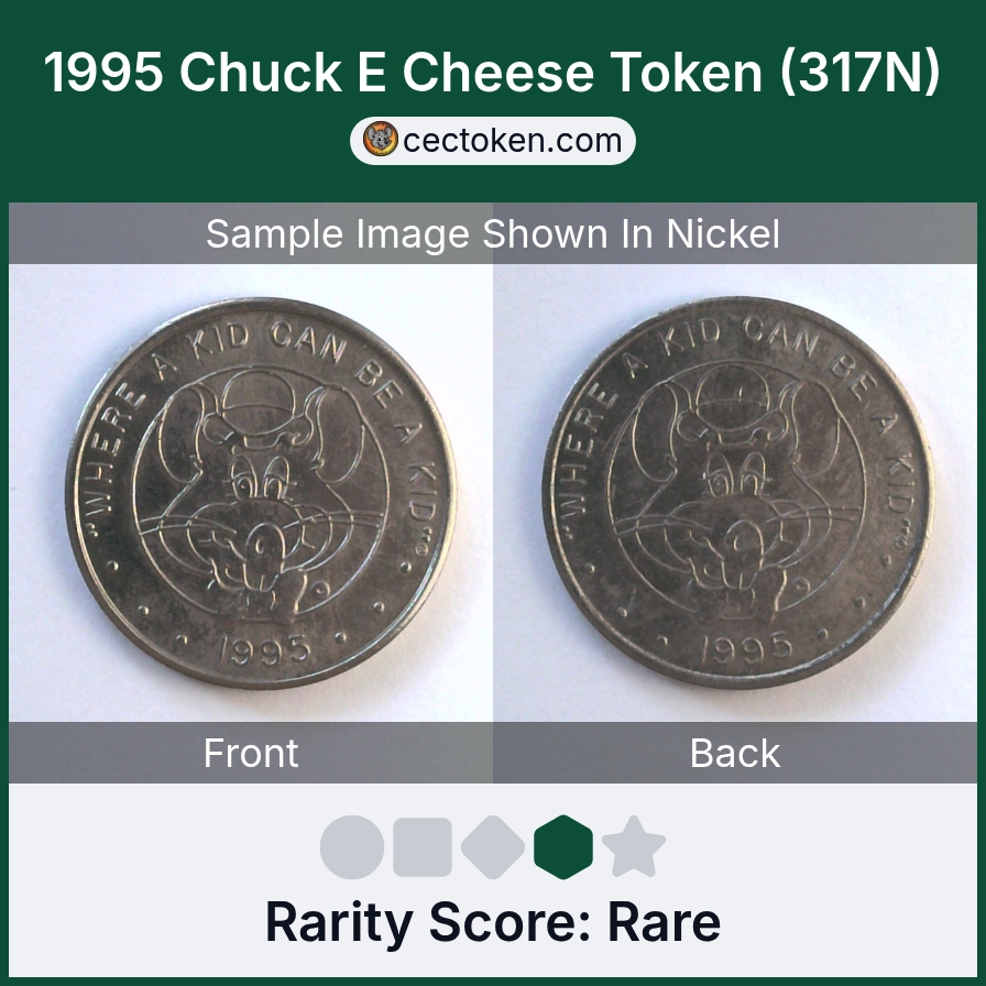 Chuck E. Cheese 317N 1995 Chuck E Cheese Token (317N) — sample listing image