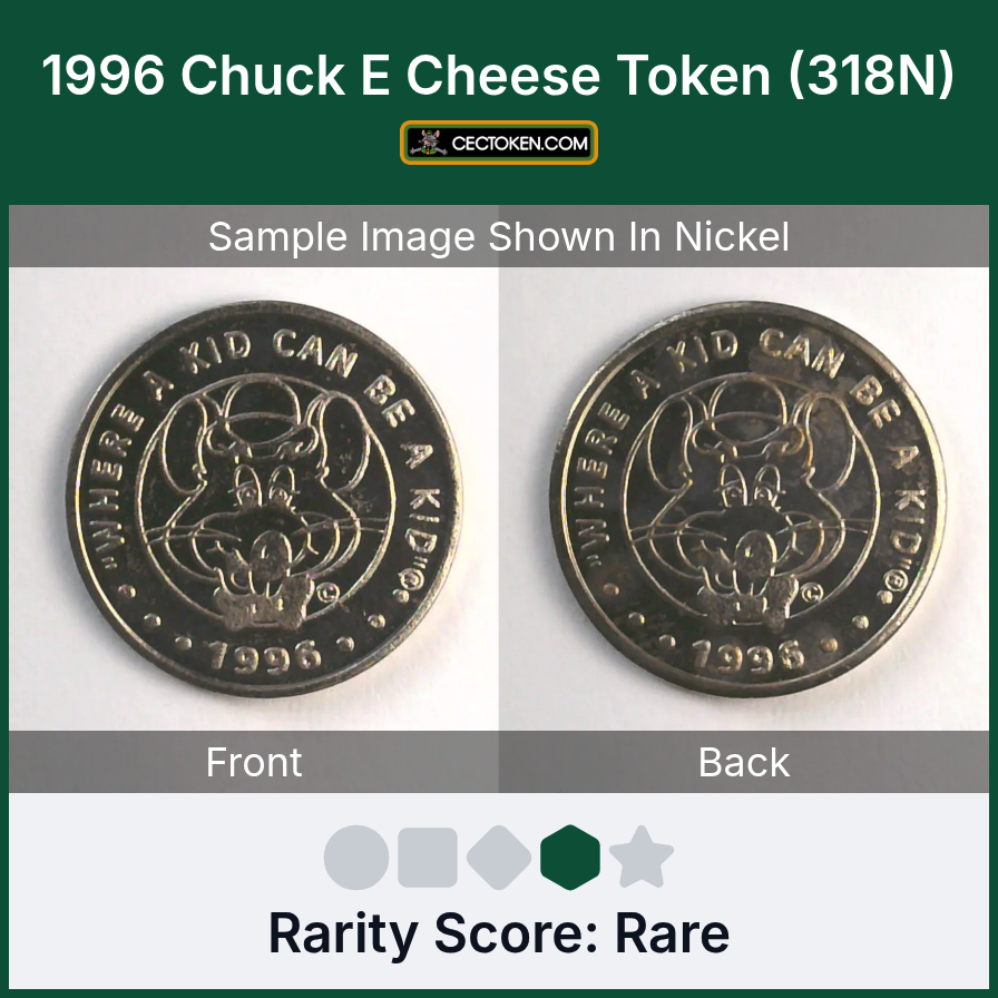 Chuck E. Cheese 318N 1996 Chuck E Cheese Token (318N) — sample listing image