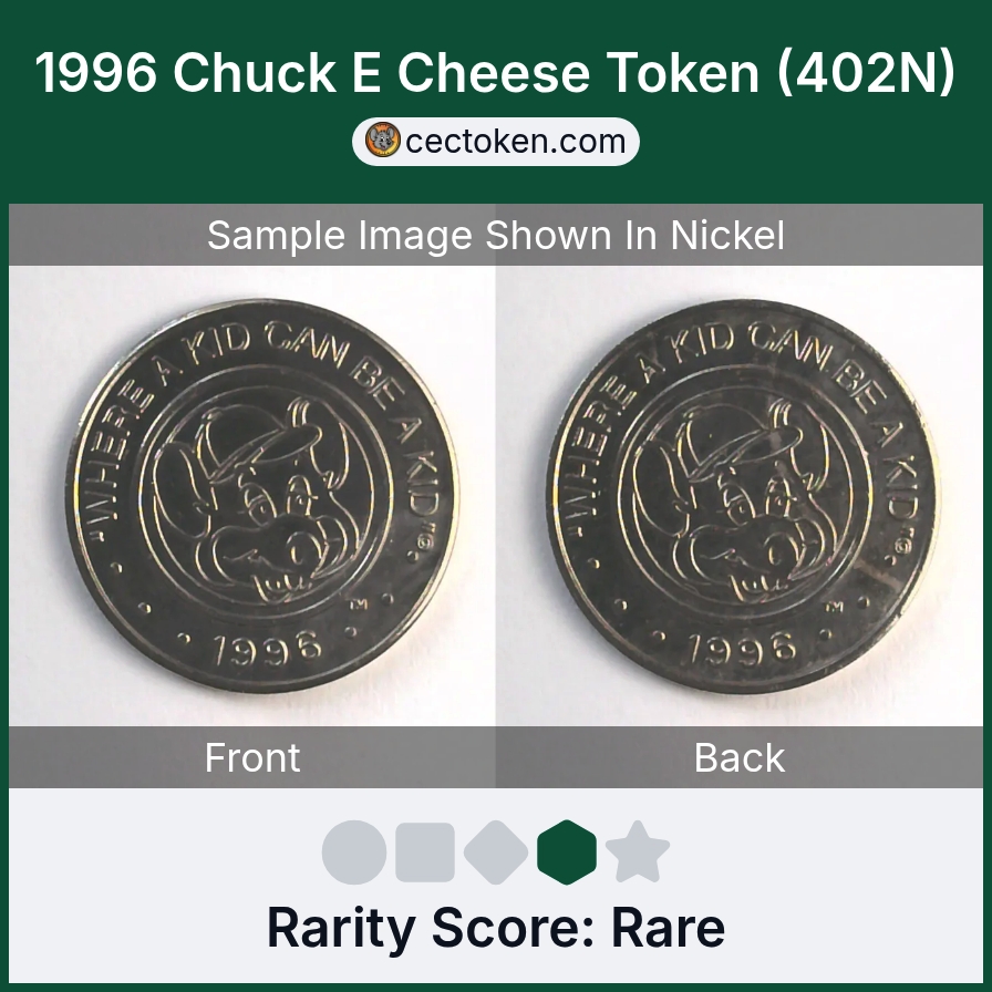 Chuck E. Cheese 402N 1996 Chuck E Cheese Token (402N) — sample listing image