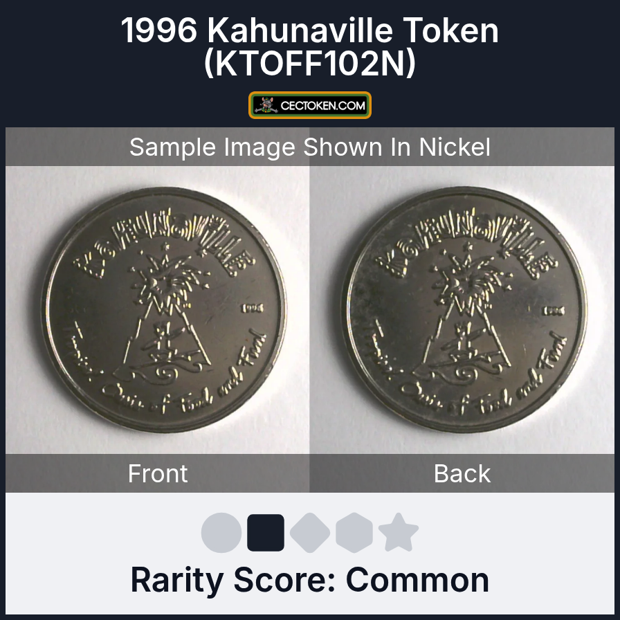 Kahunaville Tropical Oasis of Food & Fun KTOFF102N 1996 Kahunaville Token (KTOFF102N) — sample listing image
