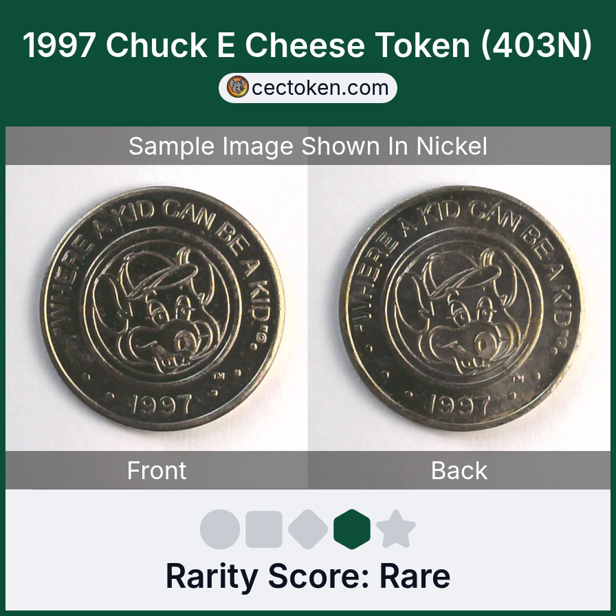 Chuck E. Cheese 403N 1997 Chuck E Cheese Token (403N) — sample listing image