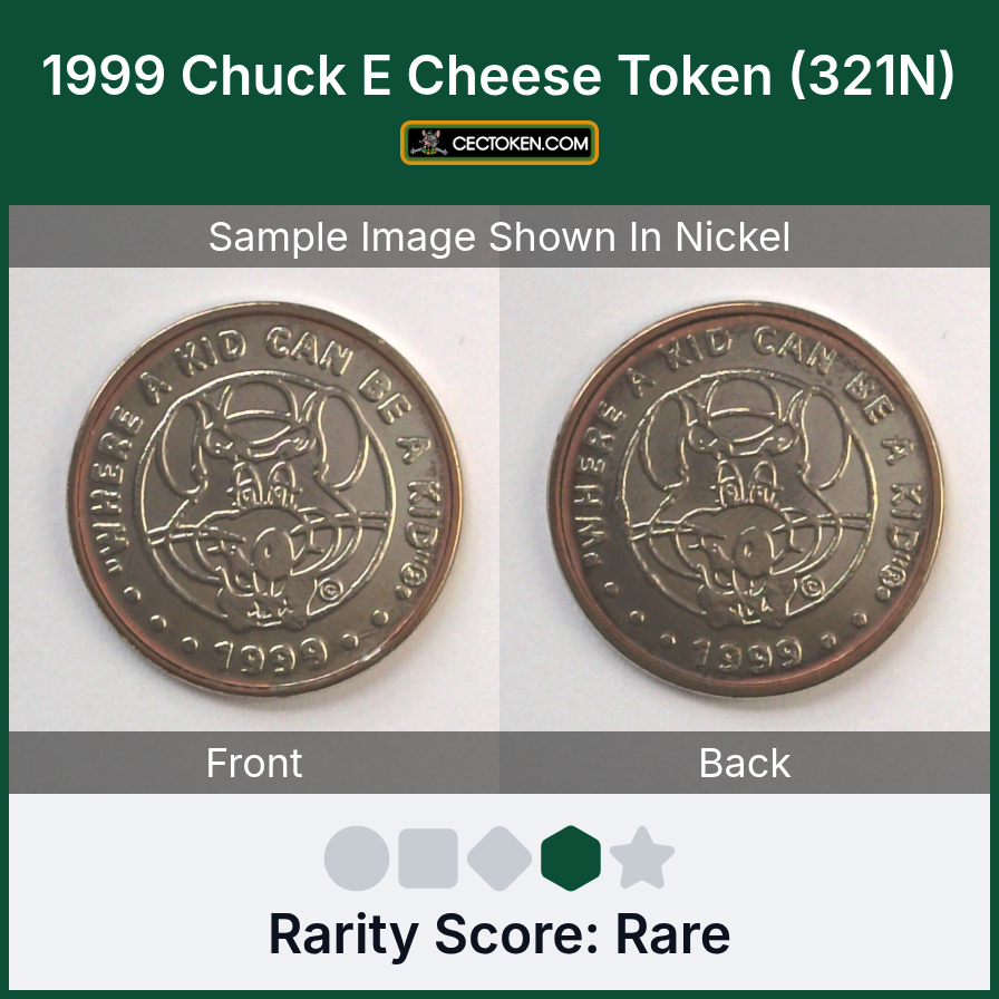 Chuck E. Cheese 321N 1999 Chuck E Cheese Token (321N) — sample listing image