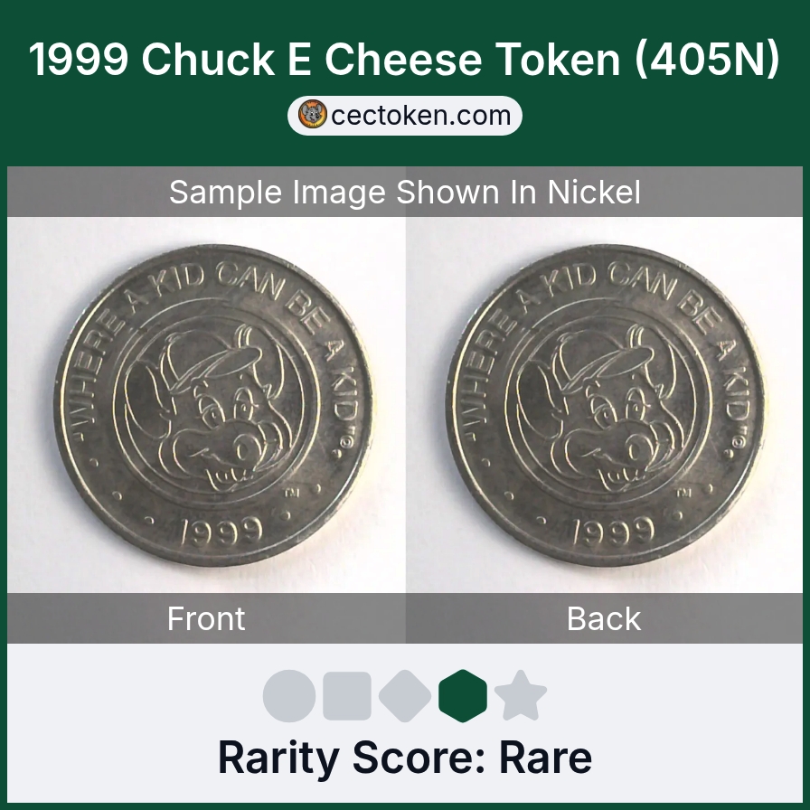 Chuck E. Cheese 405N 1999 Chuck E Cheese Token (405N) — sample listing image