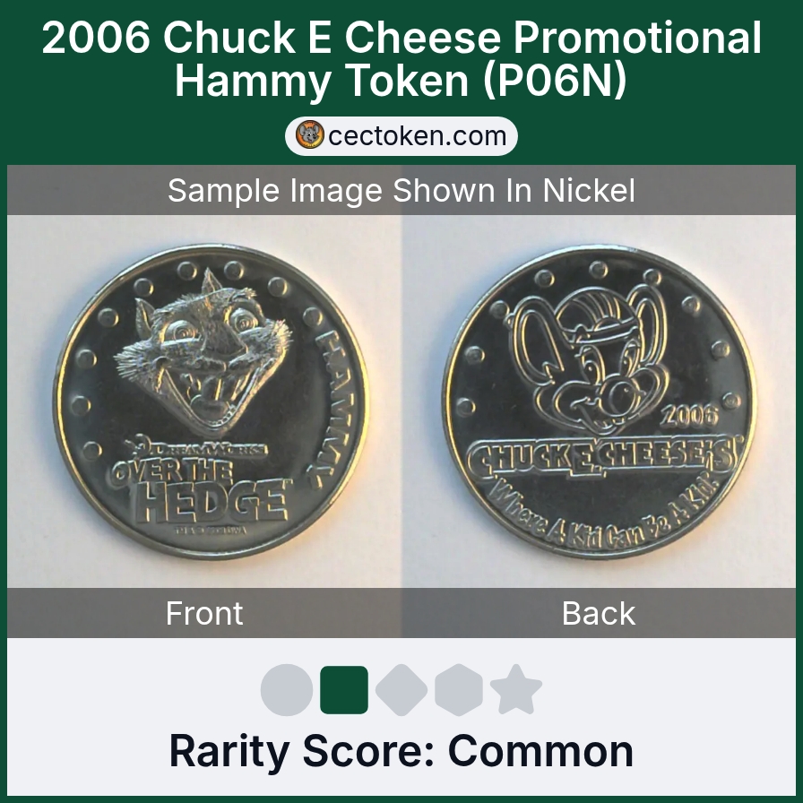 Chuck E. Cheese P06N 2006 Chuck E Cheese Promotional Hammy Token (P06N) — sample listing image