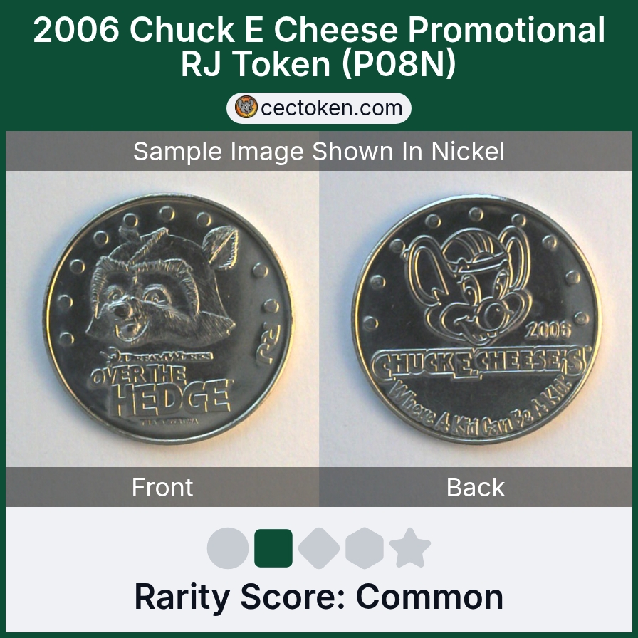 Chuck E. Cheese P08N 2006 Chuck E Cheese Promotional RJ Token (P08N) — sample listing image