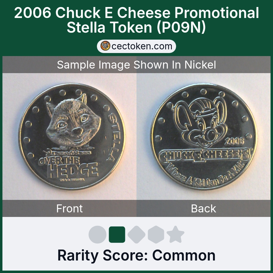 Chuck E. Cheese P09N 2006 Chuck E Cheese Promotional Stella Token (P09N) — sample listing image