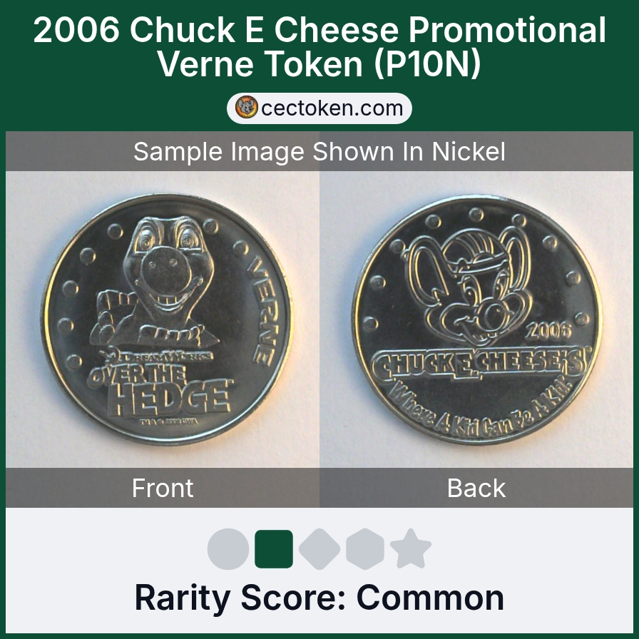 Chuck E. Cheese P10N 2006 Chuck E Cheese Promotional Verne Token (P10N) — sample listing image