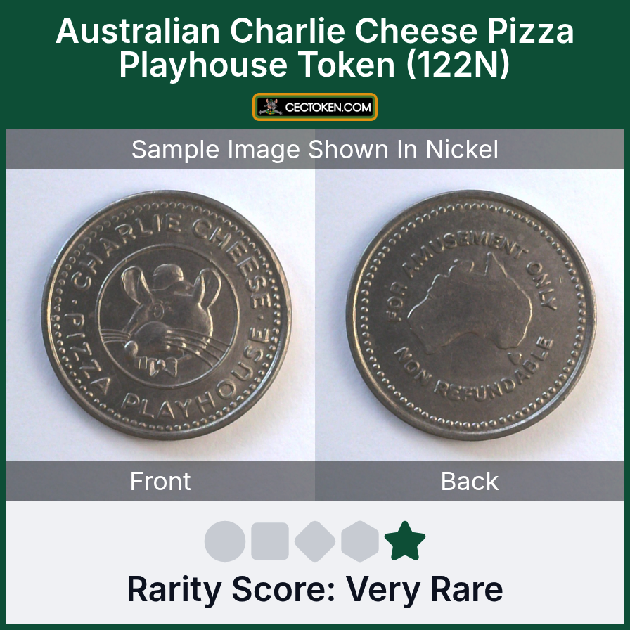 Charlie Cheese's Pizza Playhouse 122N Australian Charlie Cheese Pizza Playhouse Token (122N) — sample listing image