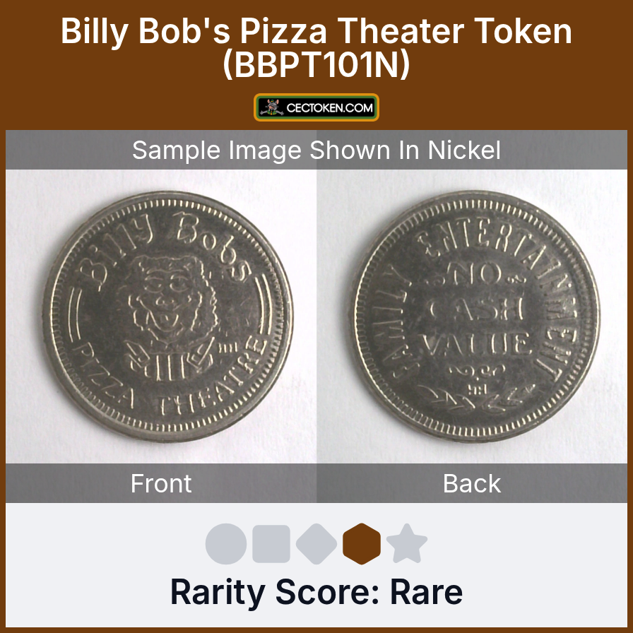 Billy Bob's Pizza Theatre BBPT101N Billy Bob's Pizza Theater Token (BBPT101N) — sample listing image