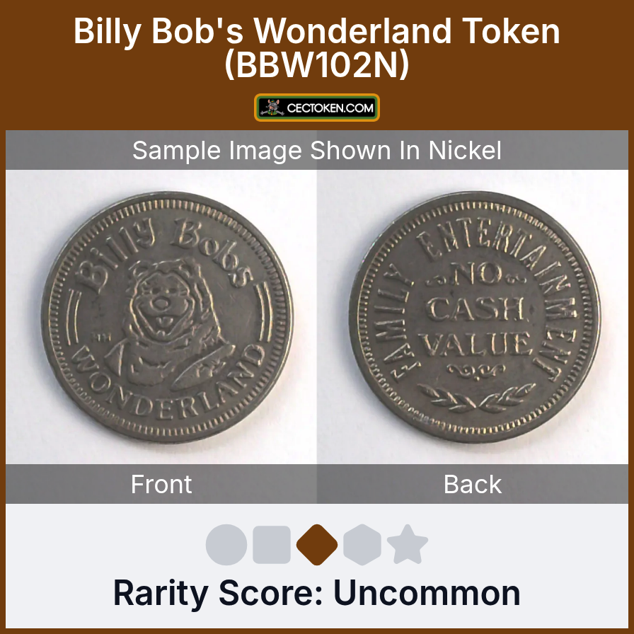Billy Bob's Wonderland BBW102N Billy Bob's Wonderland Token (BBW102N) — sample listing image