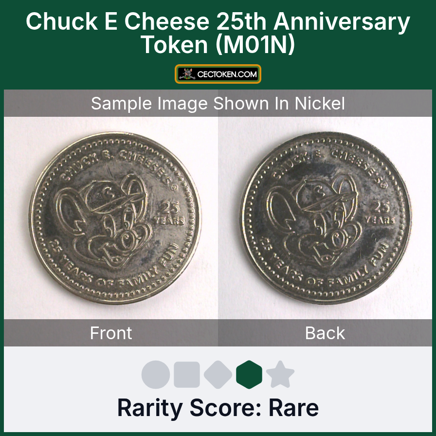 Chuck E. Cheese M01N Chuck E Cheese 25th Anniversary Token (M01N) — sample listing image