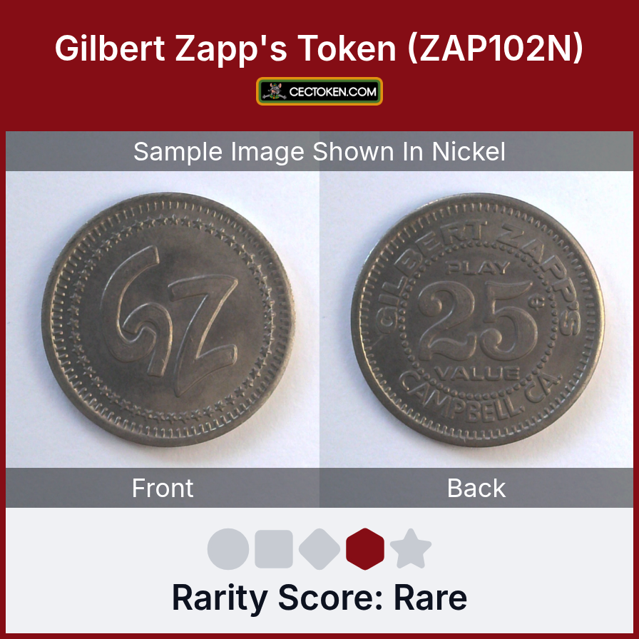 Zapp's Games, Bar & Grill ZAP102N Gilbert Zapp's Token (ZAP102N) — sample listing image