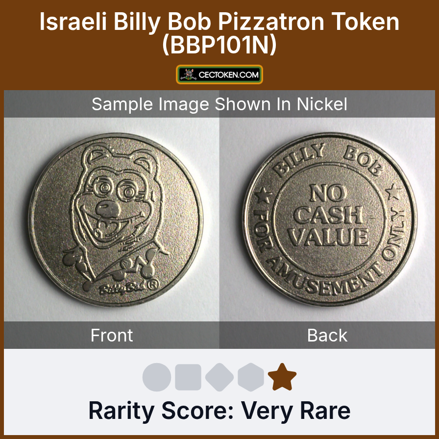 Billy Bob's Pizzatron BBP101N Israeli Billy Bob Pizzatron Token (BBP101N) — sample listing image