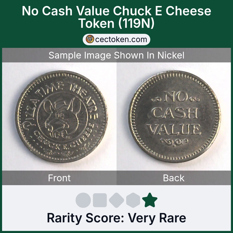 Chuck E. Cheese 119N No Cash Value Chuck E Cheese Token (119N) — sample listing image