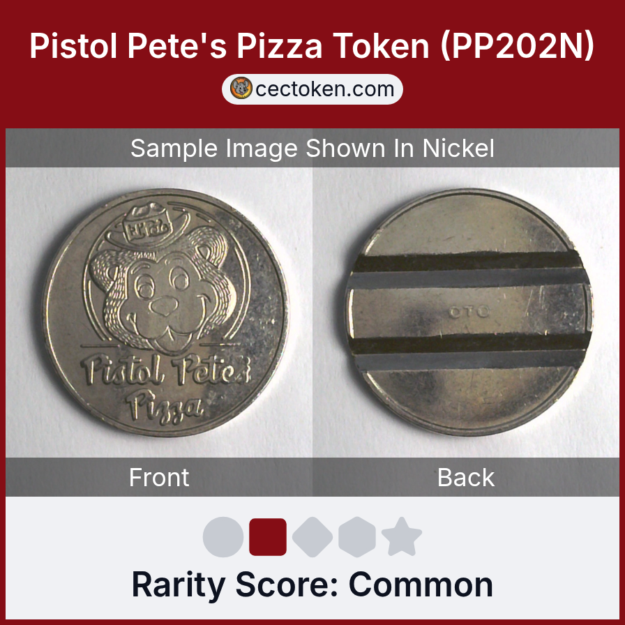 Pistol Pete's Pizza PP202N Pistol Pete's Pizza Token (PP202N) — sample listing image