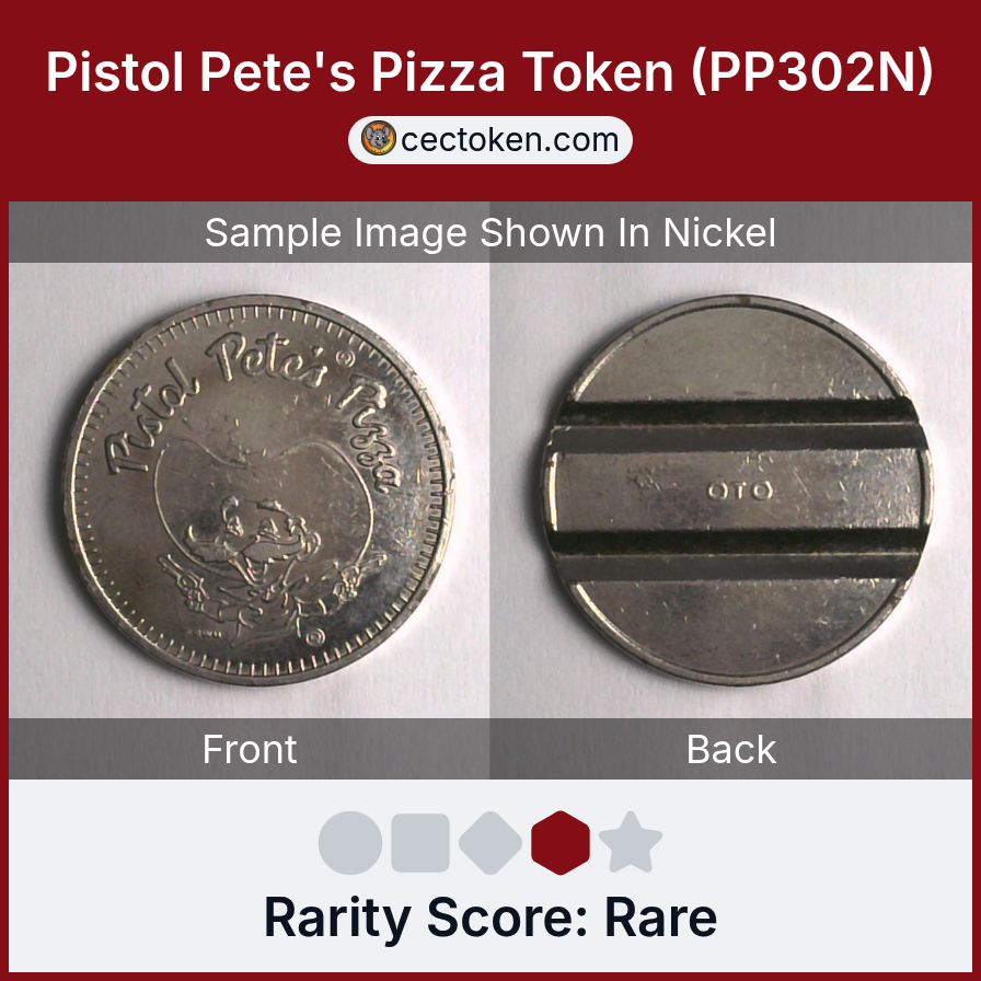 Pistol Pete's Pizza PP302N Pistol Pete's Pizza Token (PP302N) — sample listing image