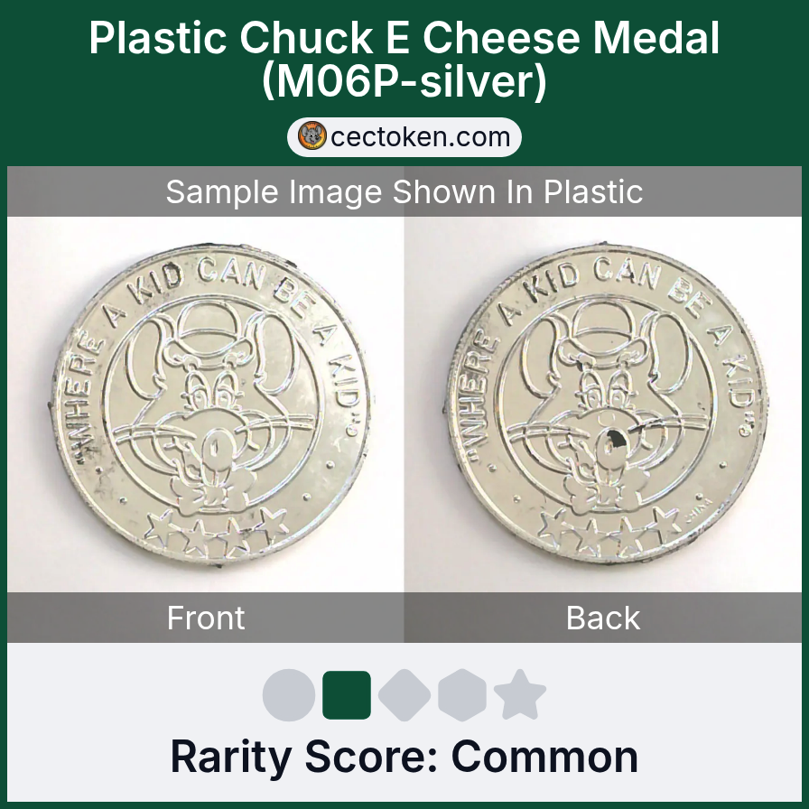 Chuck E. Cheese M06P-silver Plastic Chuck E Cheese Medal (M06P-silver) — sample listing image