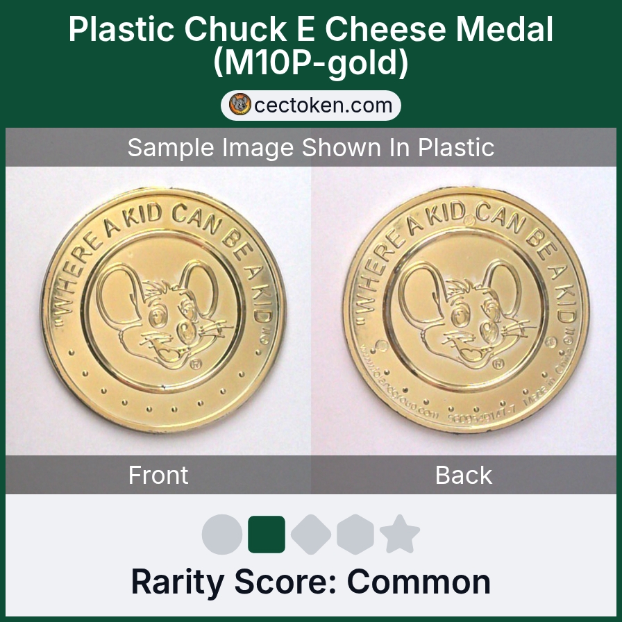 Chuck E. Cheese M10P-gold Plastic Chuck E Cheese Medal (M10P-gold) — sample listing image