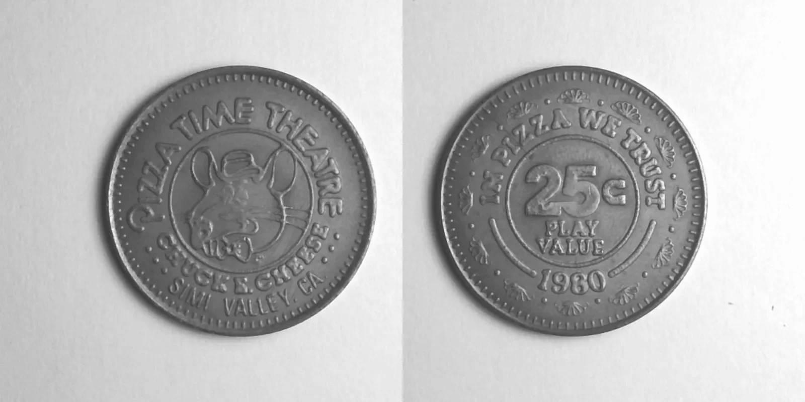 Chuck E. Cheese 148N 1980 Chuck E Cheese Token (148N) (1980) token — front and reverse