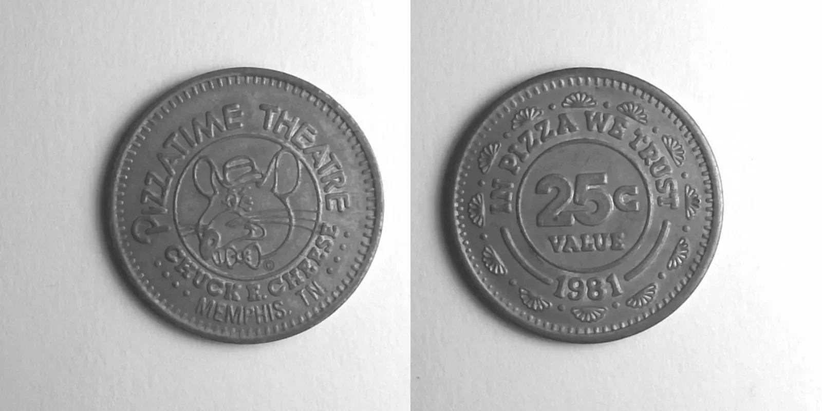 Chuck E. Cheese 166N 1981 Chuck E Cheese Token (166N) (1981) token — front and reverse
