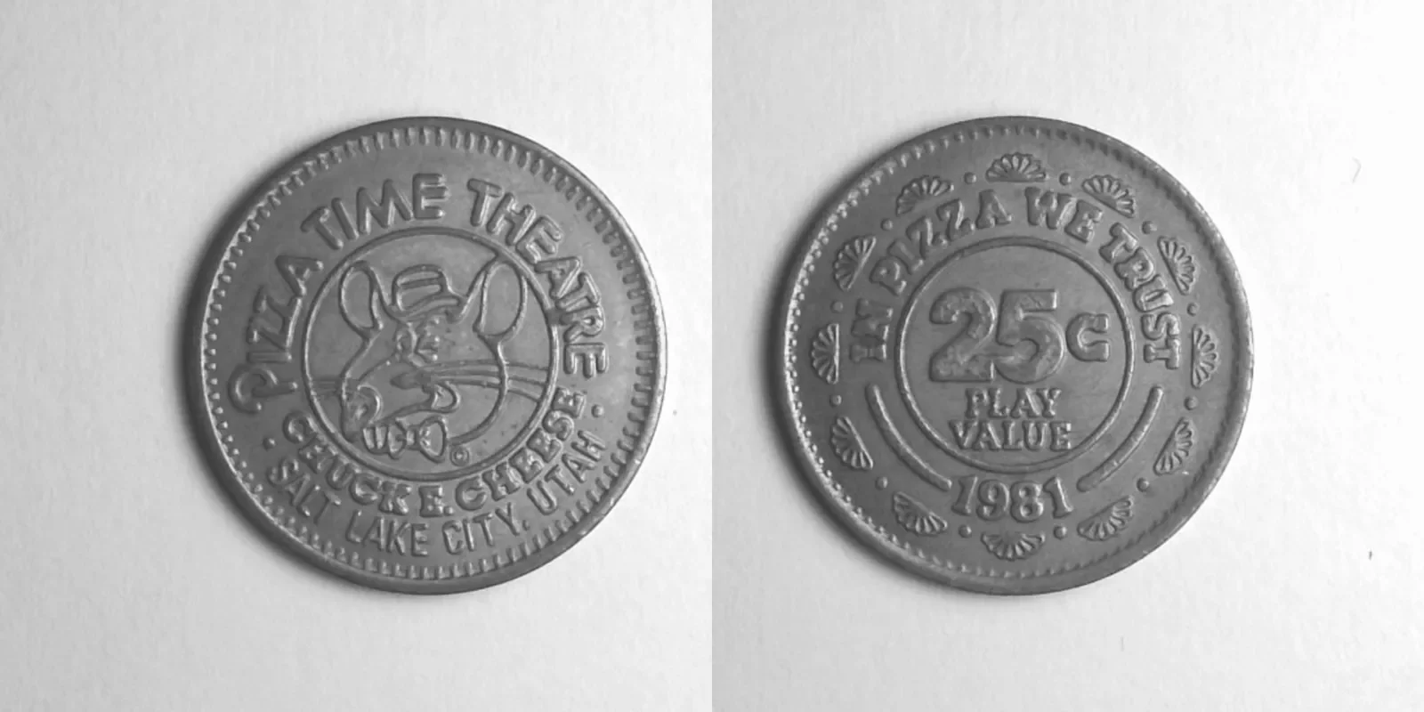 Chuck E. Cheese 173N 1981 Chuck E Cheese Token (173N) (1981) token — front and reverse