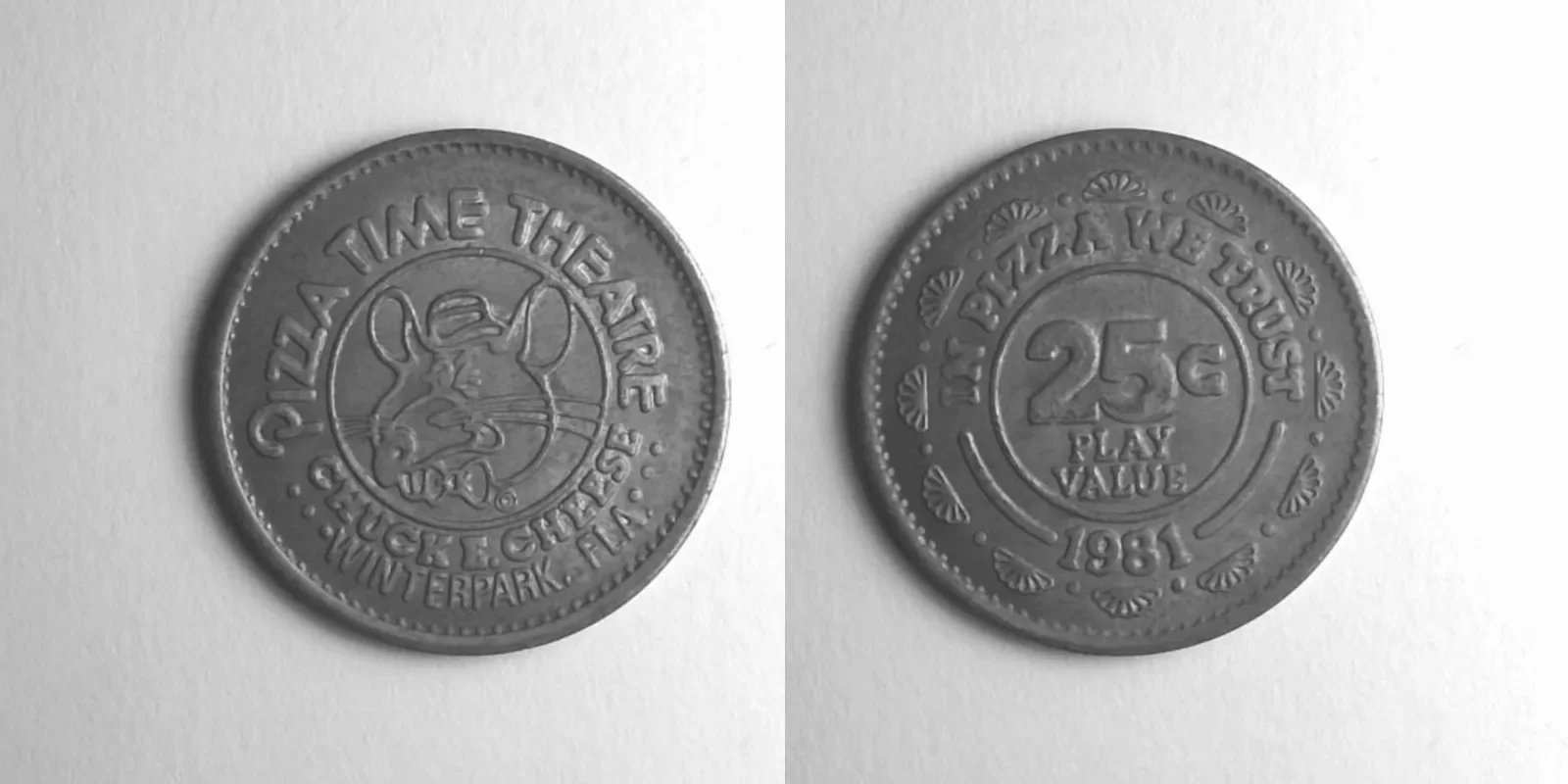 Chuck E. Cheese 178N 1981 Chuck E Cheese Token (178N) (1981) token — front and reverse