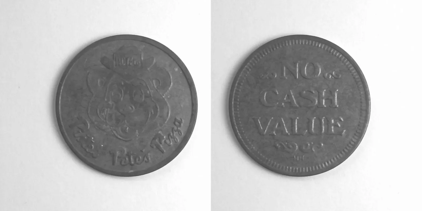 Pistol Pete's Pizza PP102N Pistol Pete's Pizza Token (PP102N) token — front and reverse
