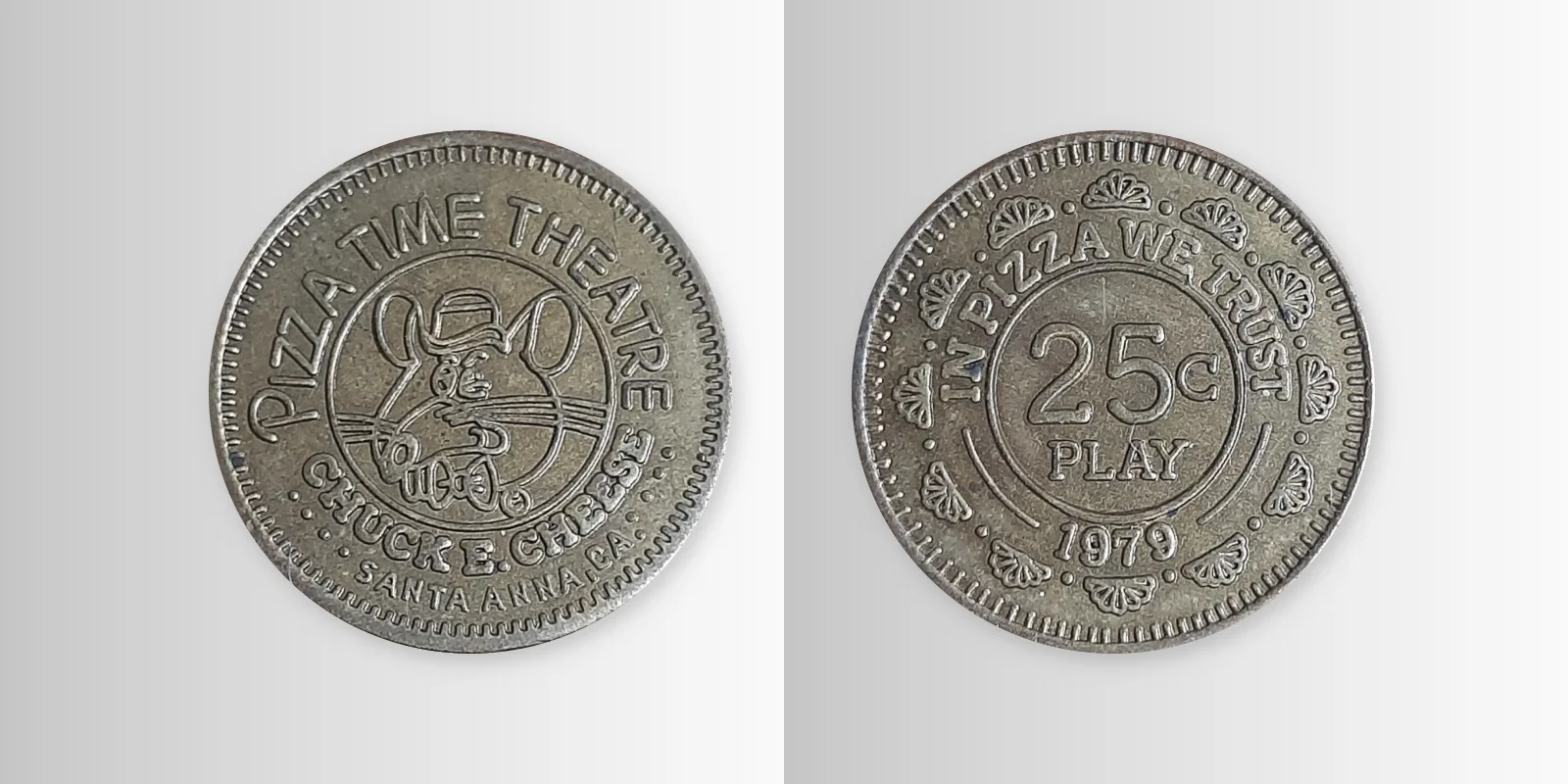 Chuck E. Cheese 134B 1979 Santa Anna Chuck E Cheese Token (134B) (1979) token — front and reverse